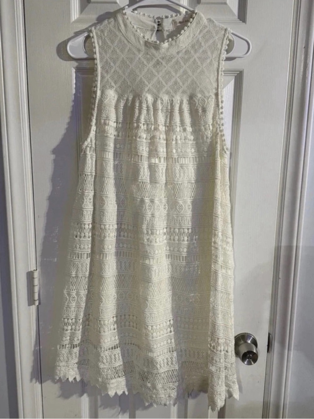 Altar'd State Ivory White Lace Pom Pom Trim Mock Neck Mini Dress Size Large